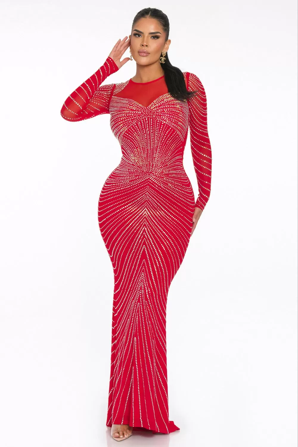 3 COLOR AVAIBLE RHINESTONE EMBELLISHED MAXI MERMAID DRESS