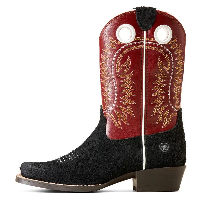 'Ariat' Kids' 9" Derby Monroe Western Cutter Toe - Black Roughout / Crimson