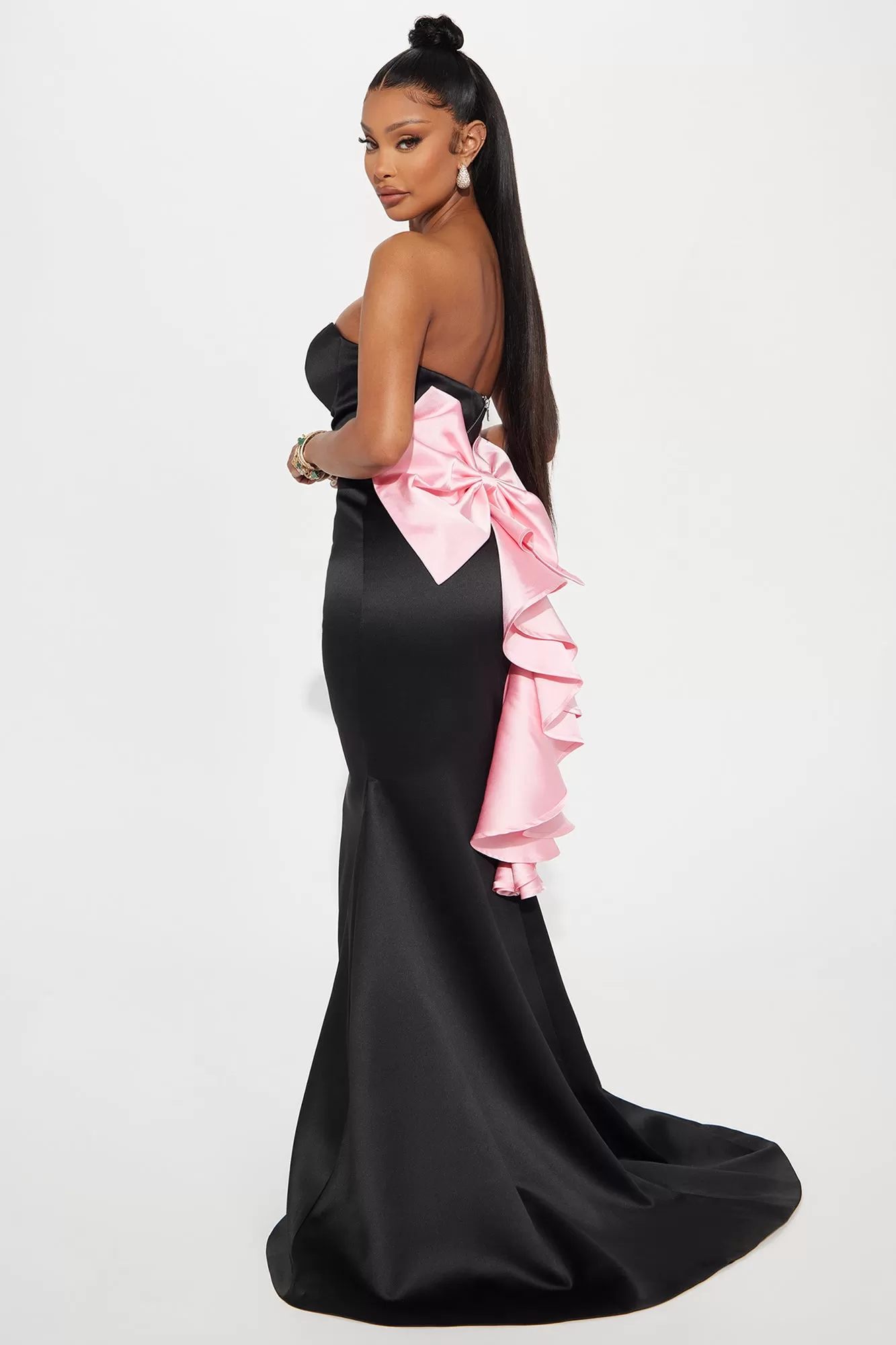 Avianna Satin Bow Gown - Black/Pink