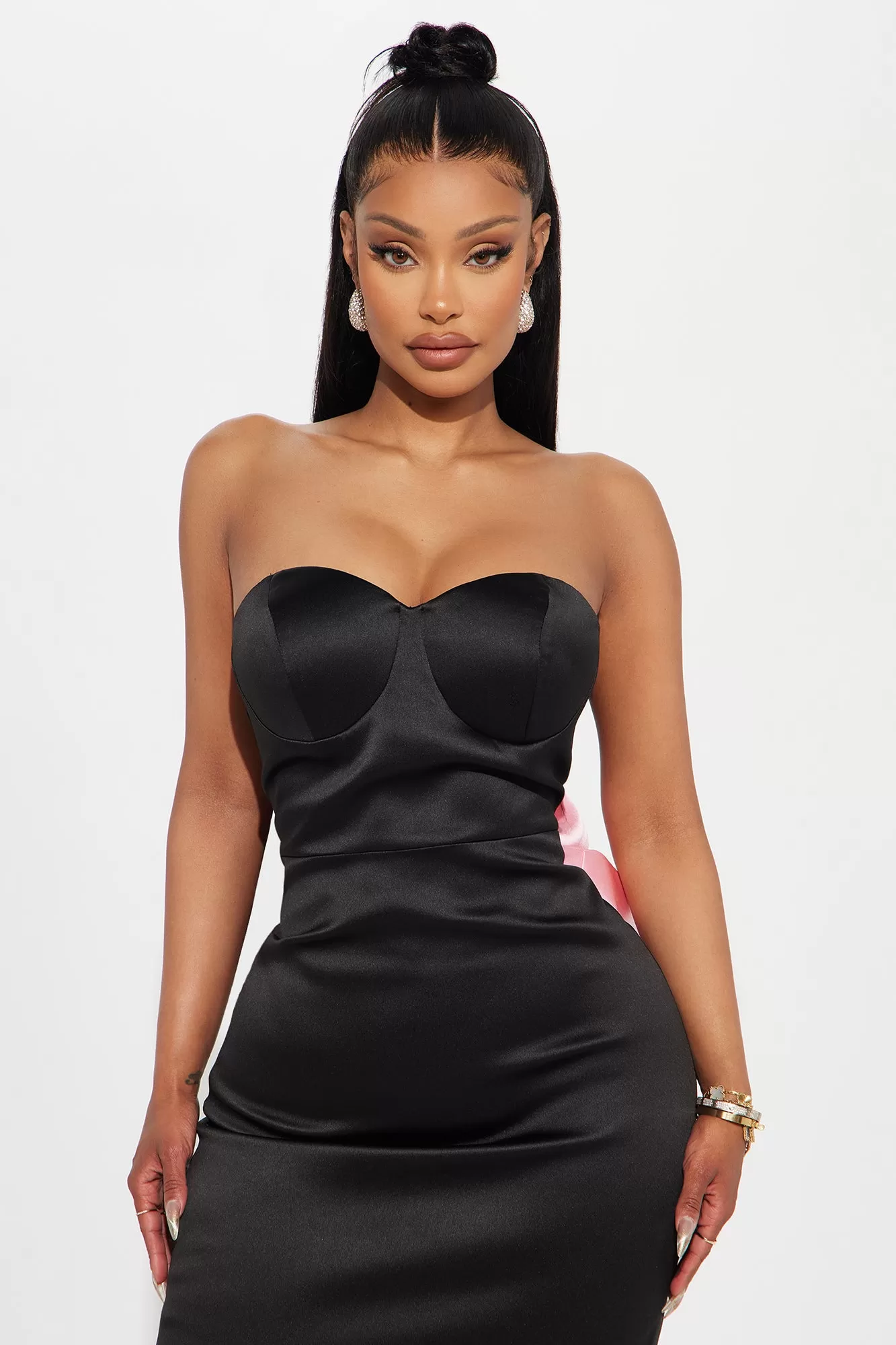 Avianna Satin Bow Gown - Black/Pink