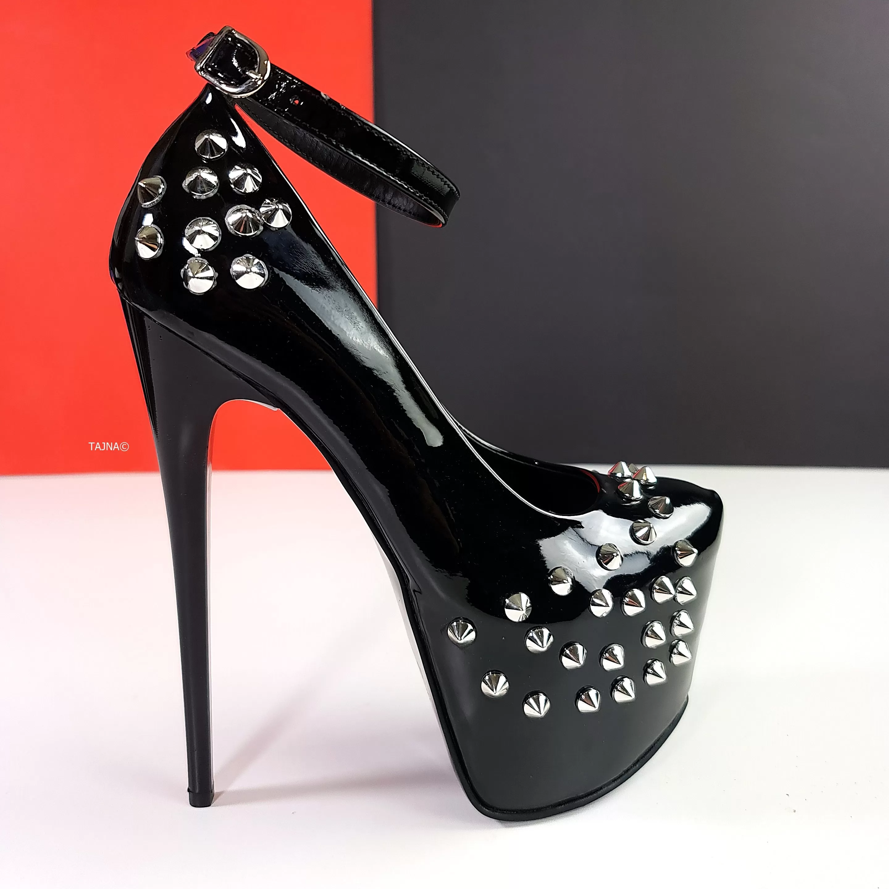 Black Gloss Spike Studded Ankle Strap Heels