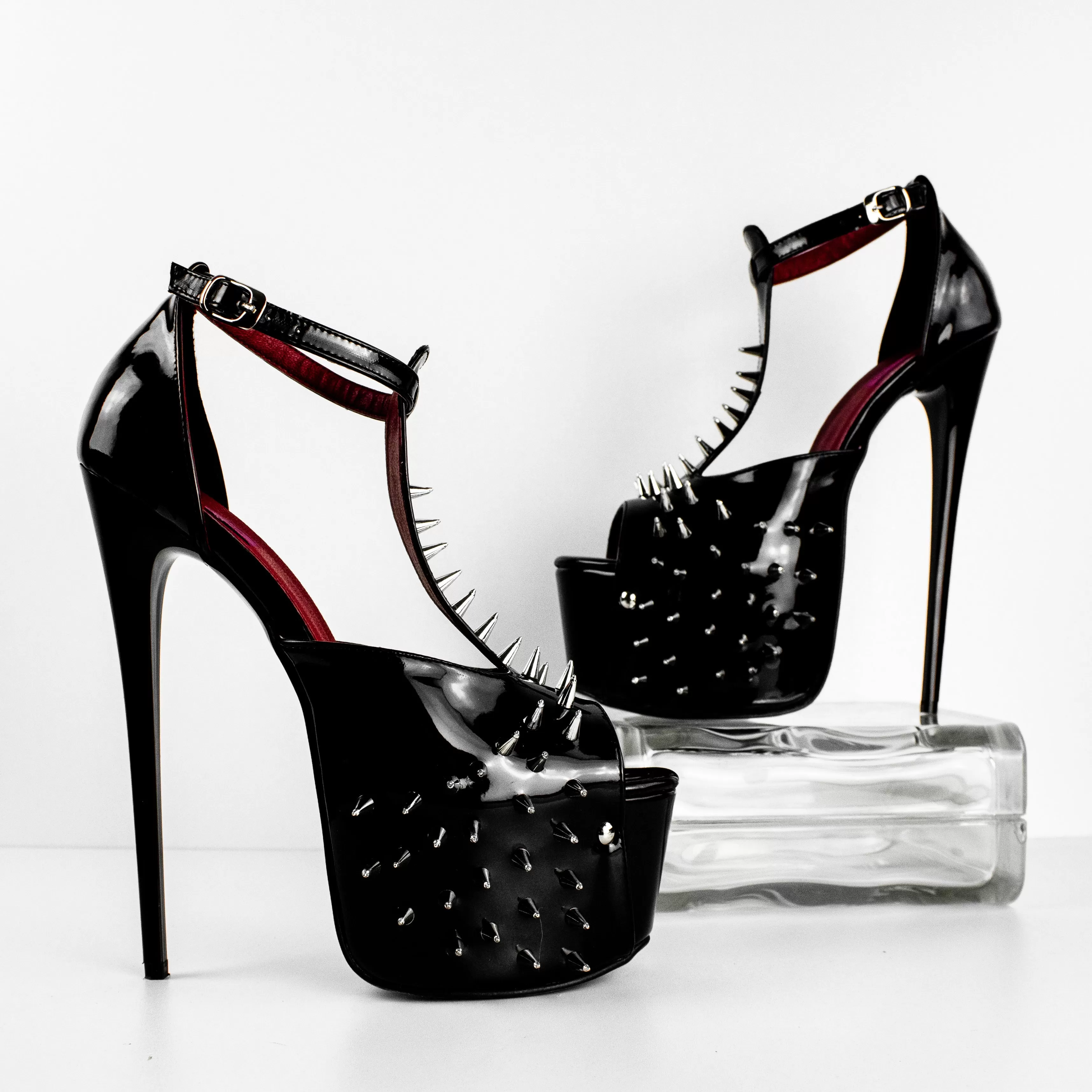 Black Gloss Spike Studded Fetish Heels