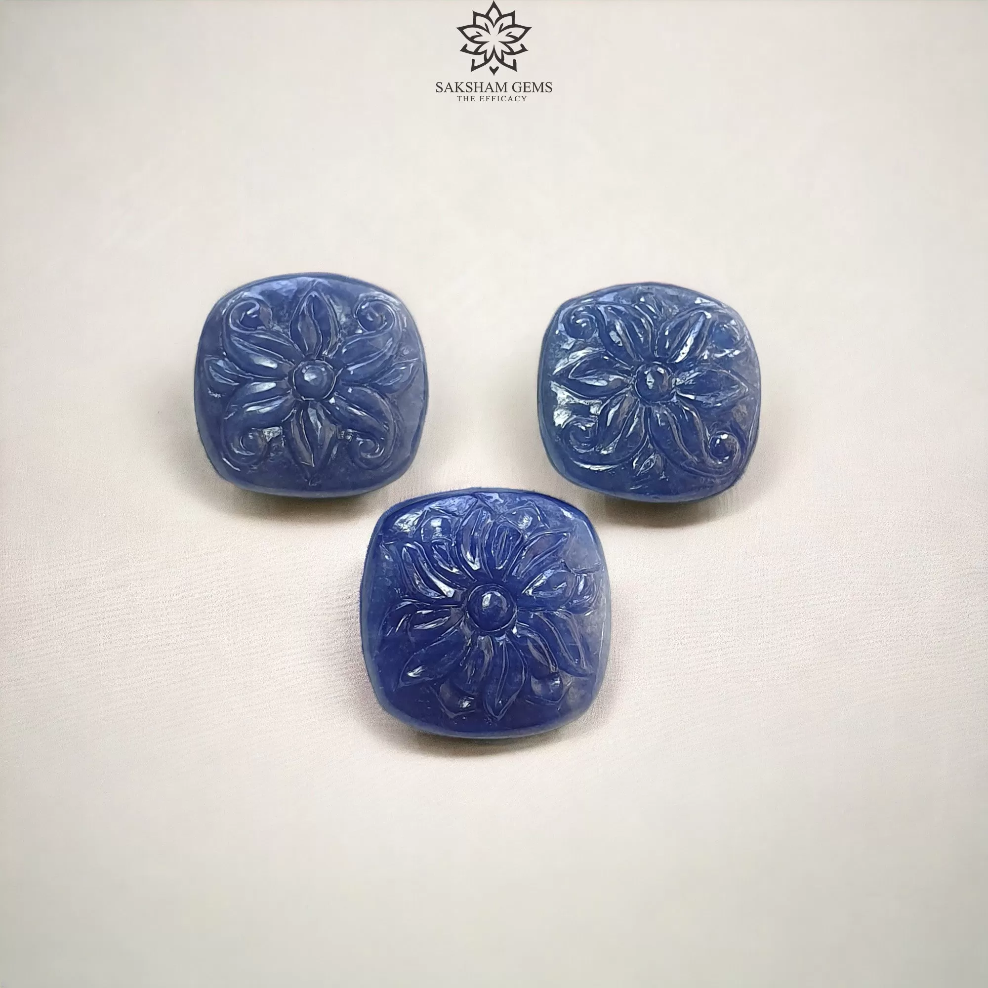 Blue Sapphire Gemstone Carving : 45.00cts Natural Untreated Unheated Sapphire Hand Carved Cushion Shape 16*18mm - 17*19mm 3pcs