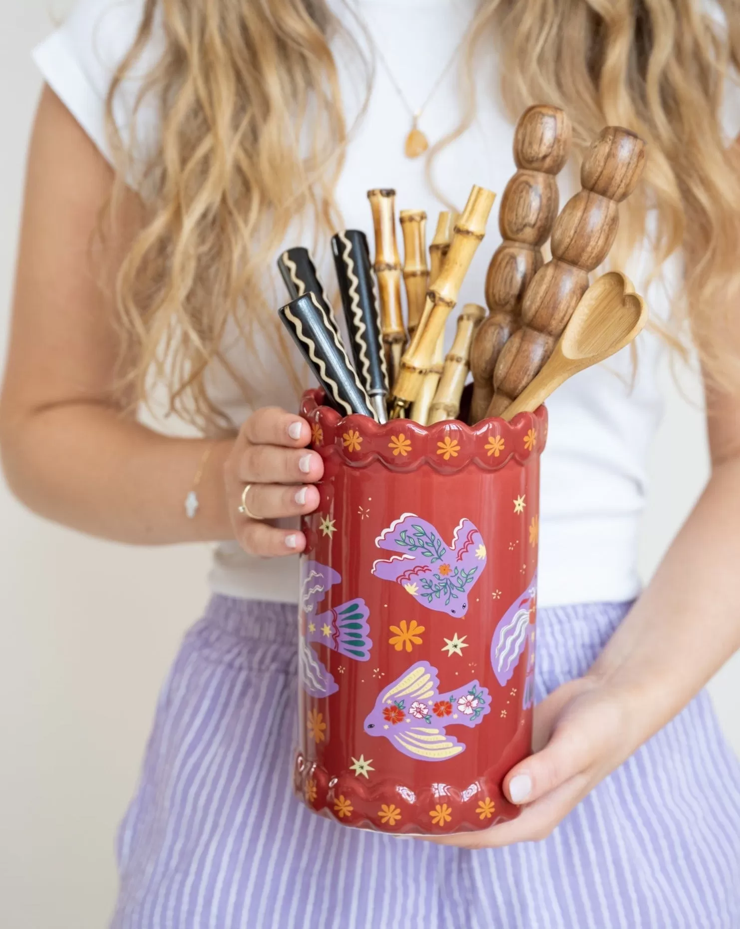 Cutlery Jar/Vase Purple Birds