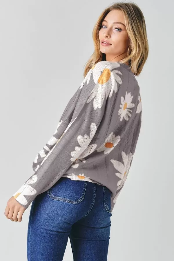 Davi & Dani Floral Print Crew Neck Loose Sweater