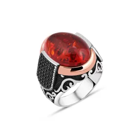 Domic Red Ellipse Synthetic Amber Stone Silver Men's Ring Siding Zircons in Epaulet Shape