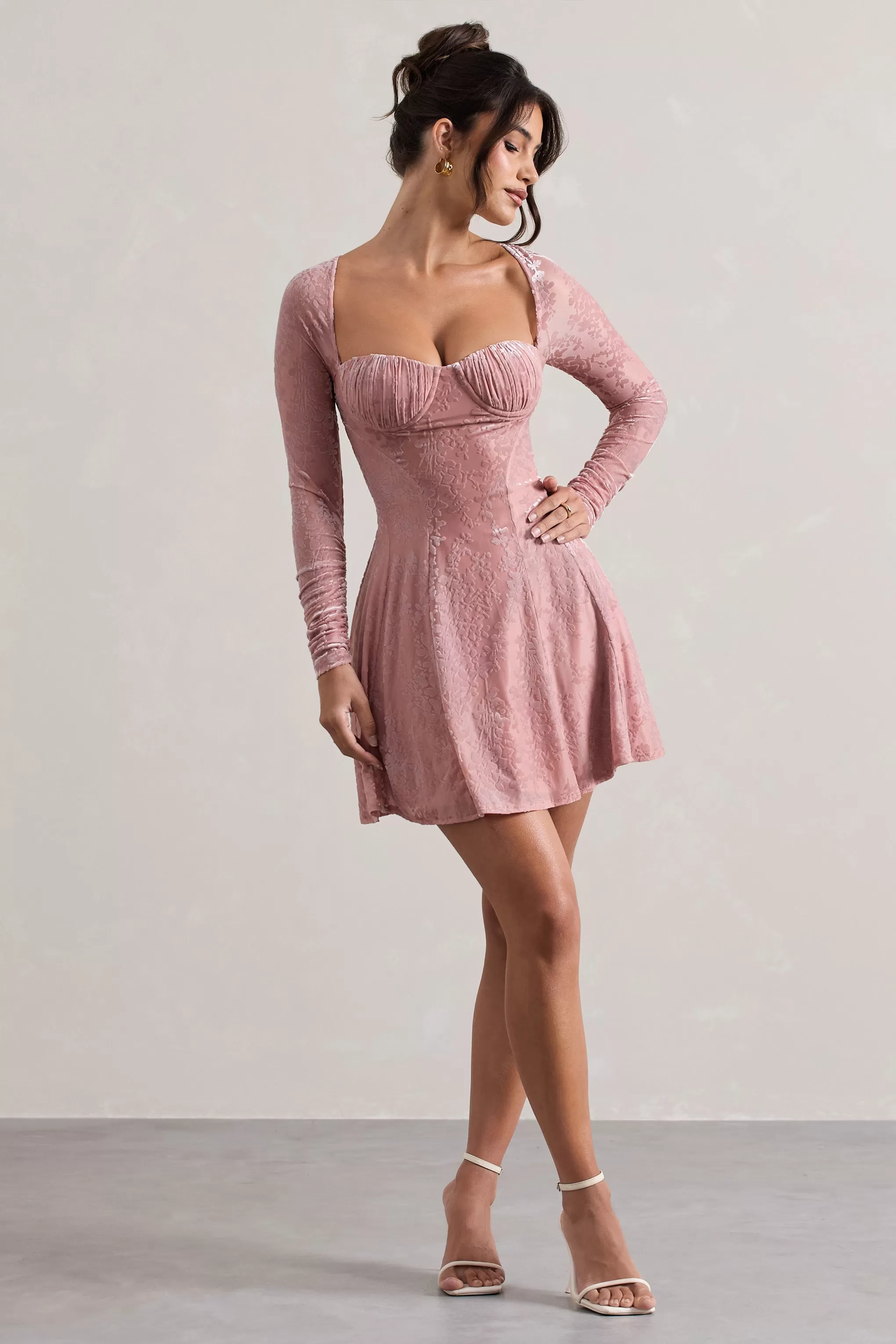 Evangelina | Pink Long-Sleeve Skater Mini Dress