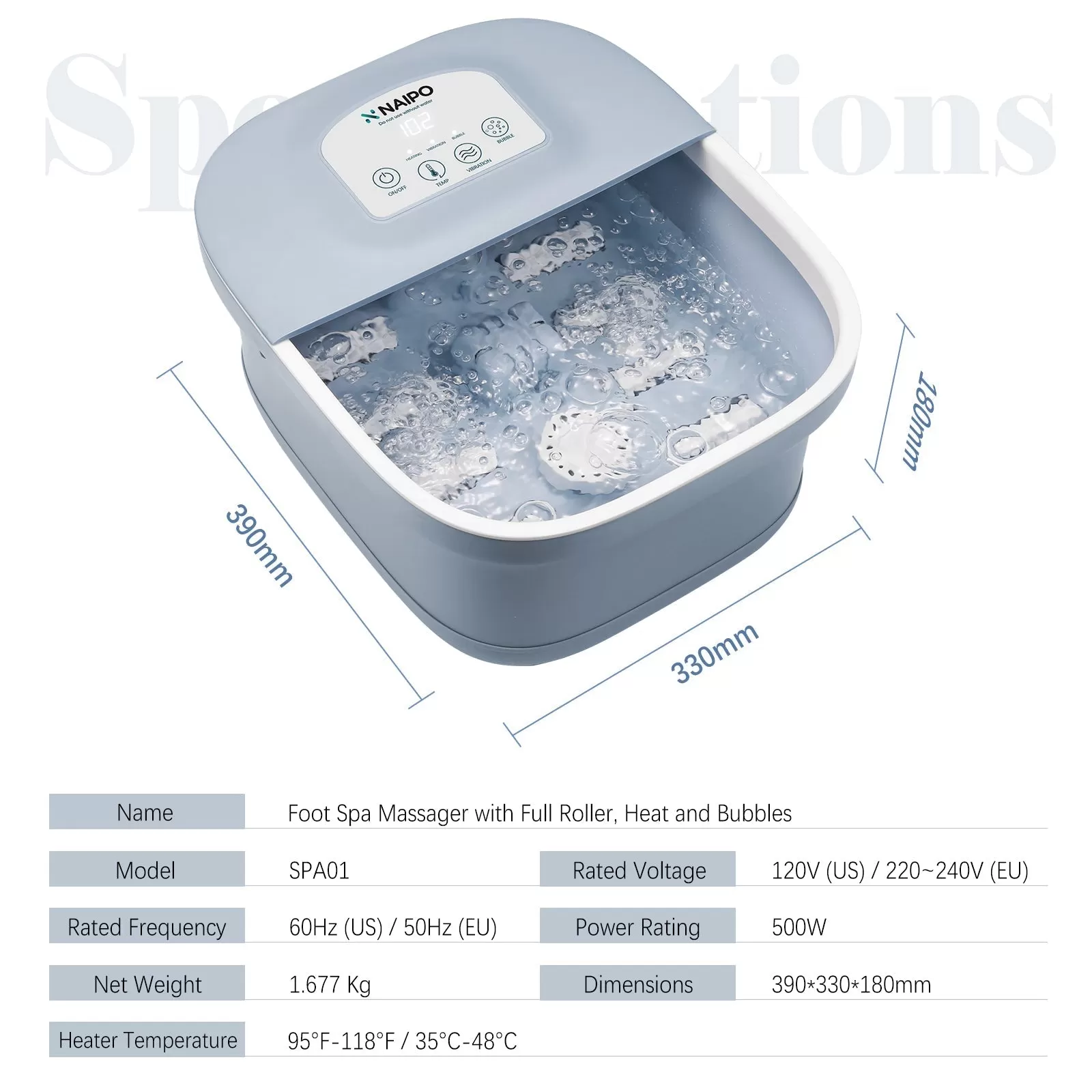 Foot Spa Bath Massager with Heat Bubbles Vibration 3 in 1 Function, 8 Masssage Rollers Soaker Digital Temperature Control Pedicure Tub Bath for Feet Home Use--FB20