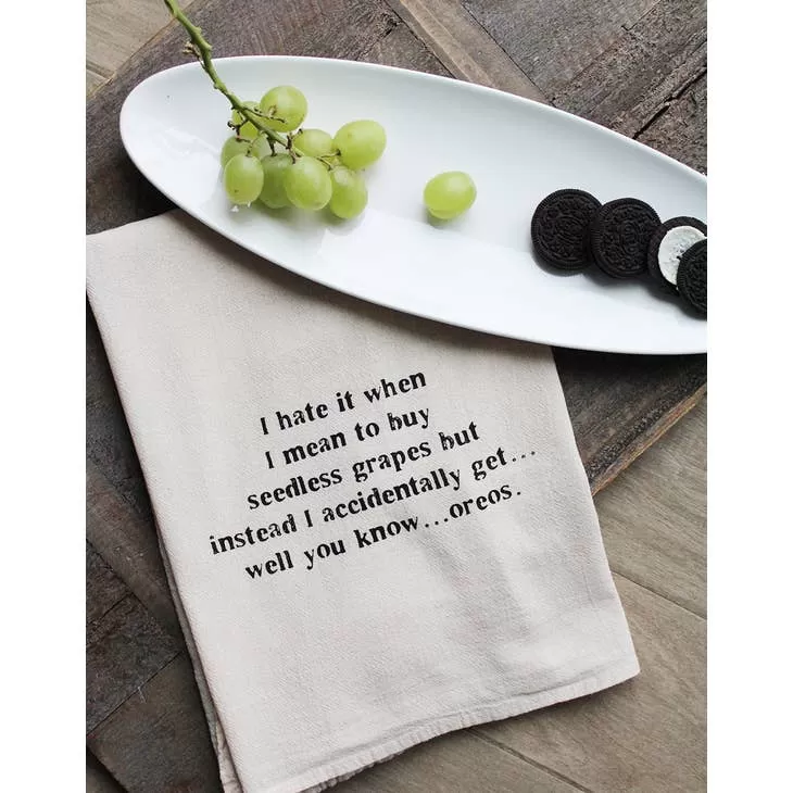 Grocery Mishap Humor: Natural Cotton Tea Towel - 'Seedless Grapes vs. Oreos