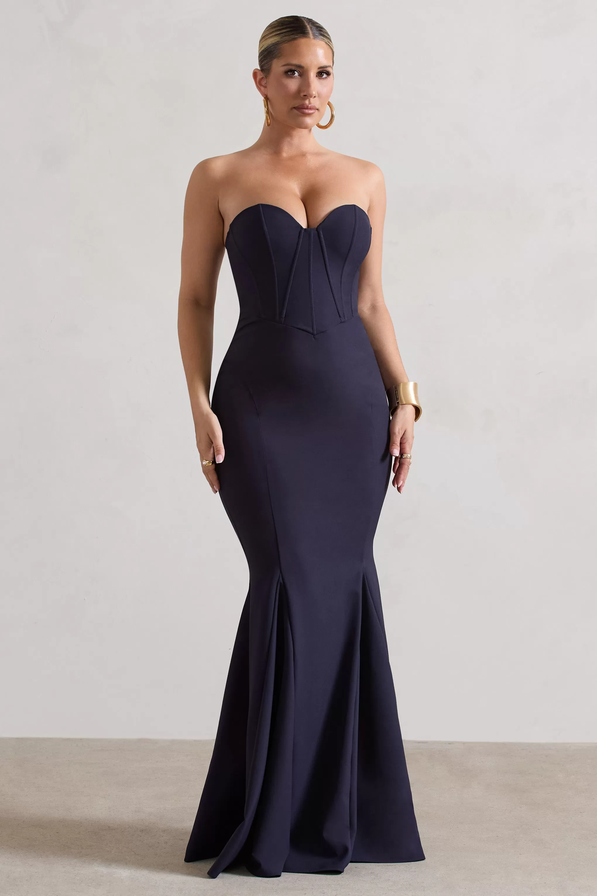 Idyllic | Navy Strapless Corset Style Fishtail Maxi Dress