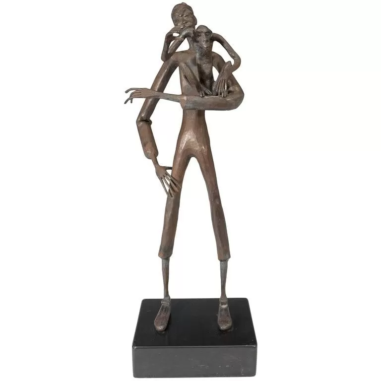 Jean Marc Manner Man & Monkey Bronze Sculpture