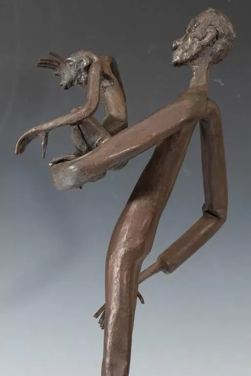 Jean Marc Manner Man & Monkey Bronze Sculpture