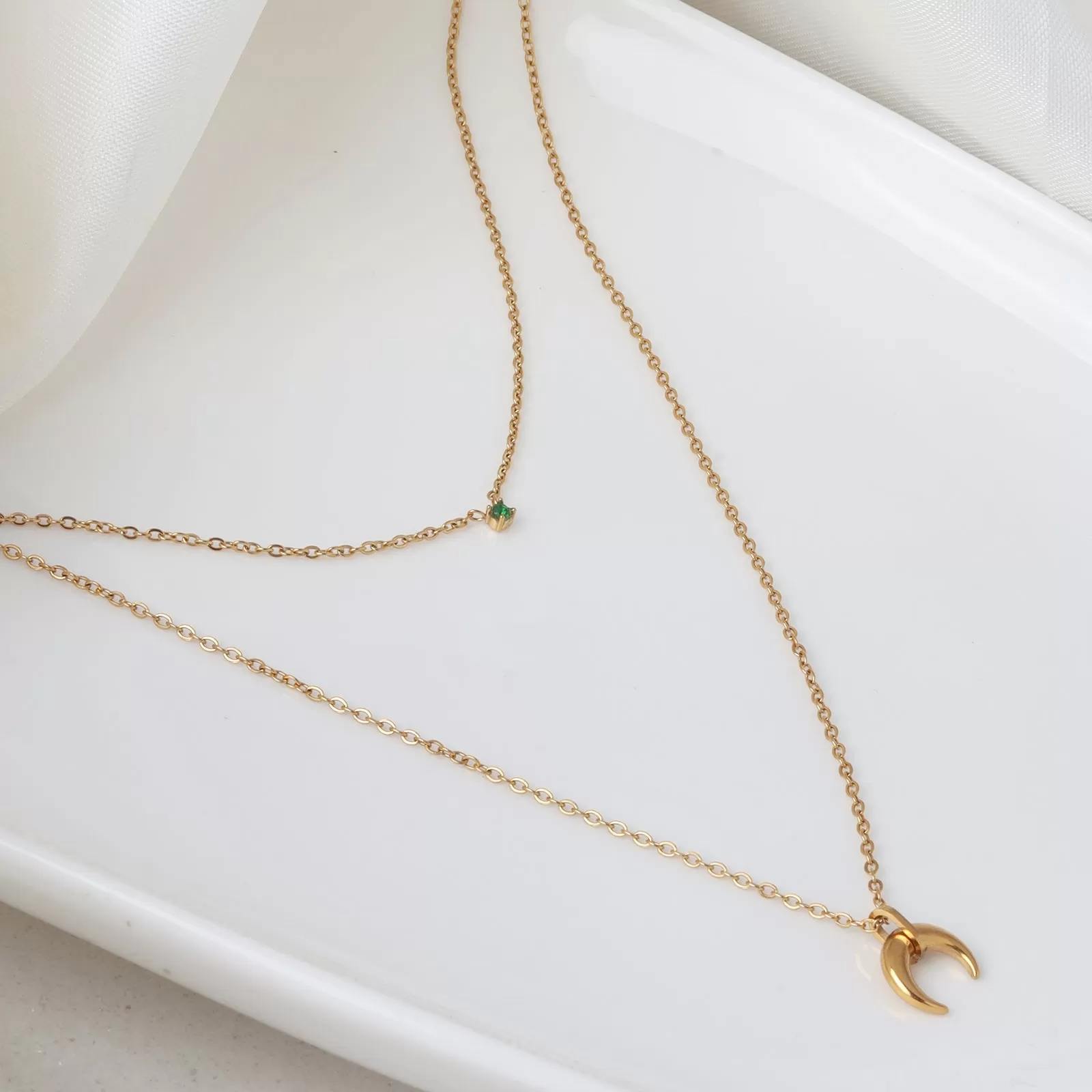 Lunaire Green Stone Gold Layered Necklace