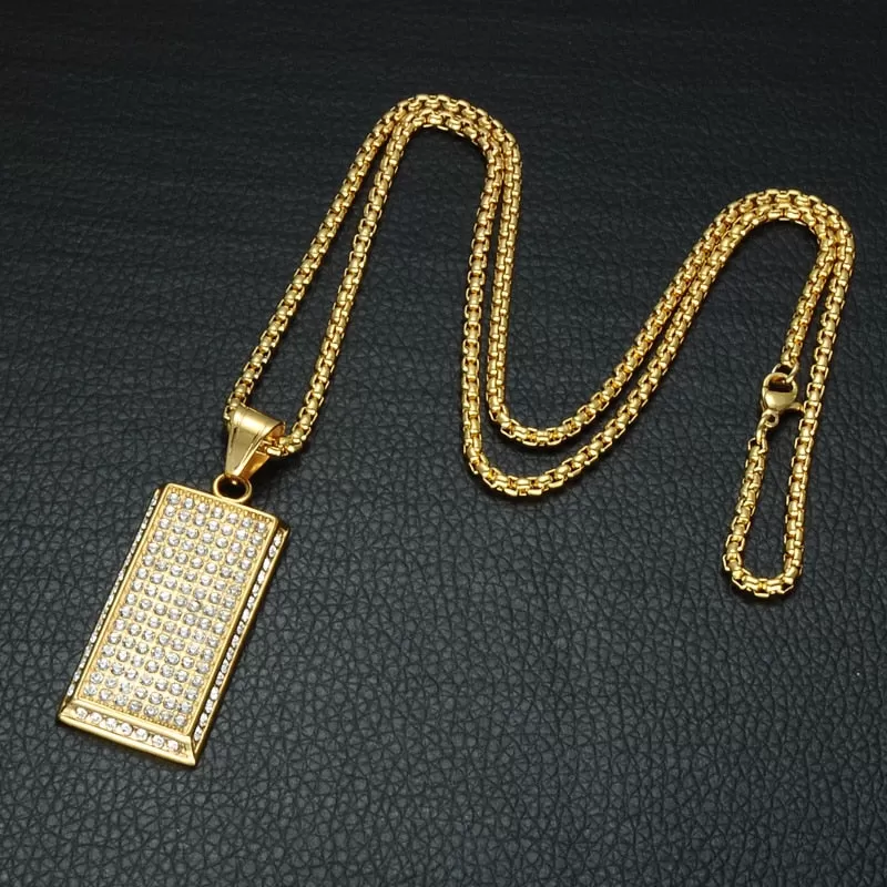 Micro Paved Rhinestone-Studded Gold-Plated Dog Tag Bling Stainless Steel Hip-hop Pendant Necklace