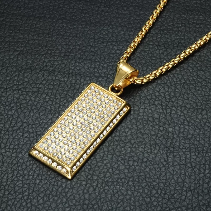 Micro Paved Rhinestone-Studded Gold-Plated Dog Tag Bling Stainless Steel Hip-hop Pendant Necklace