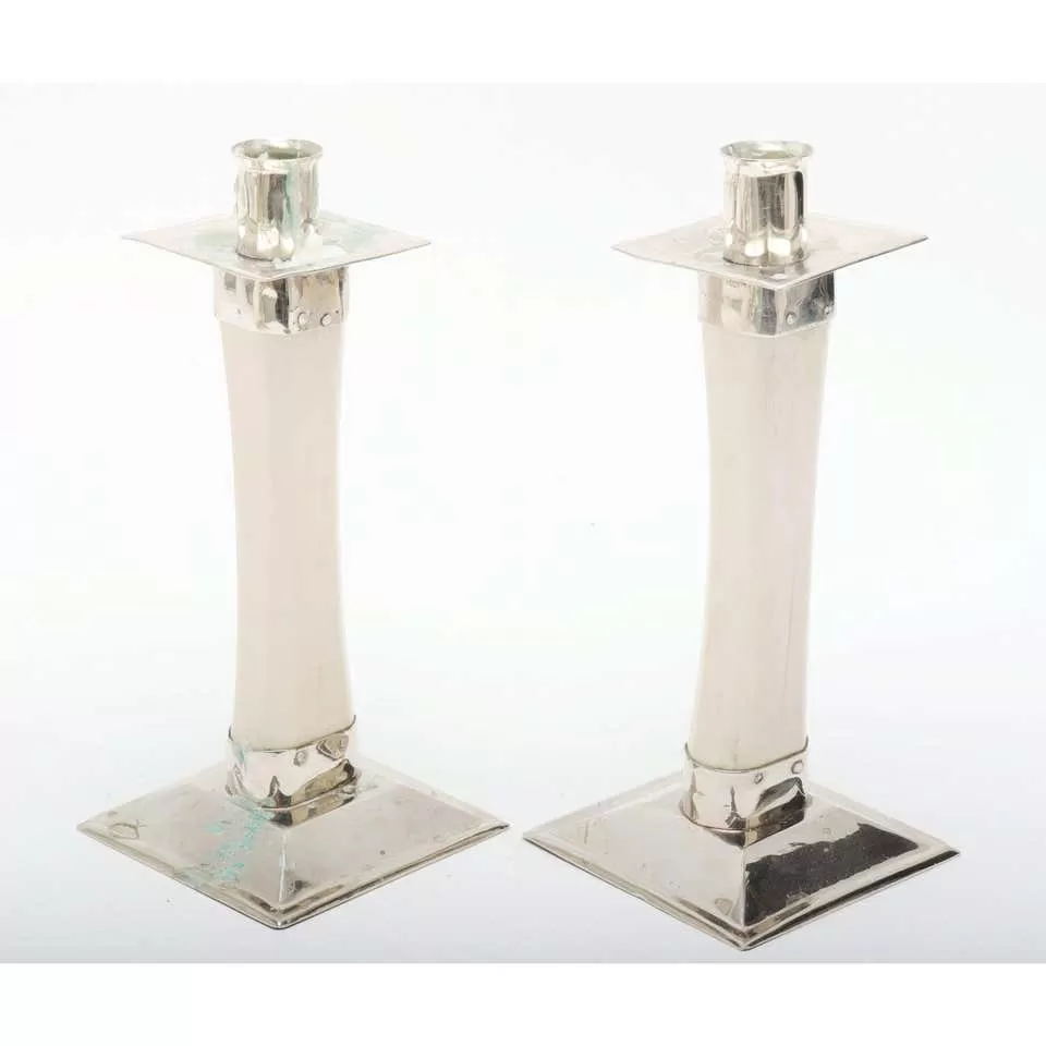 Modern Bone Candlesticks with Chrome Mounts, Pair