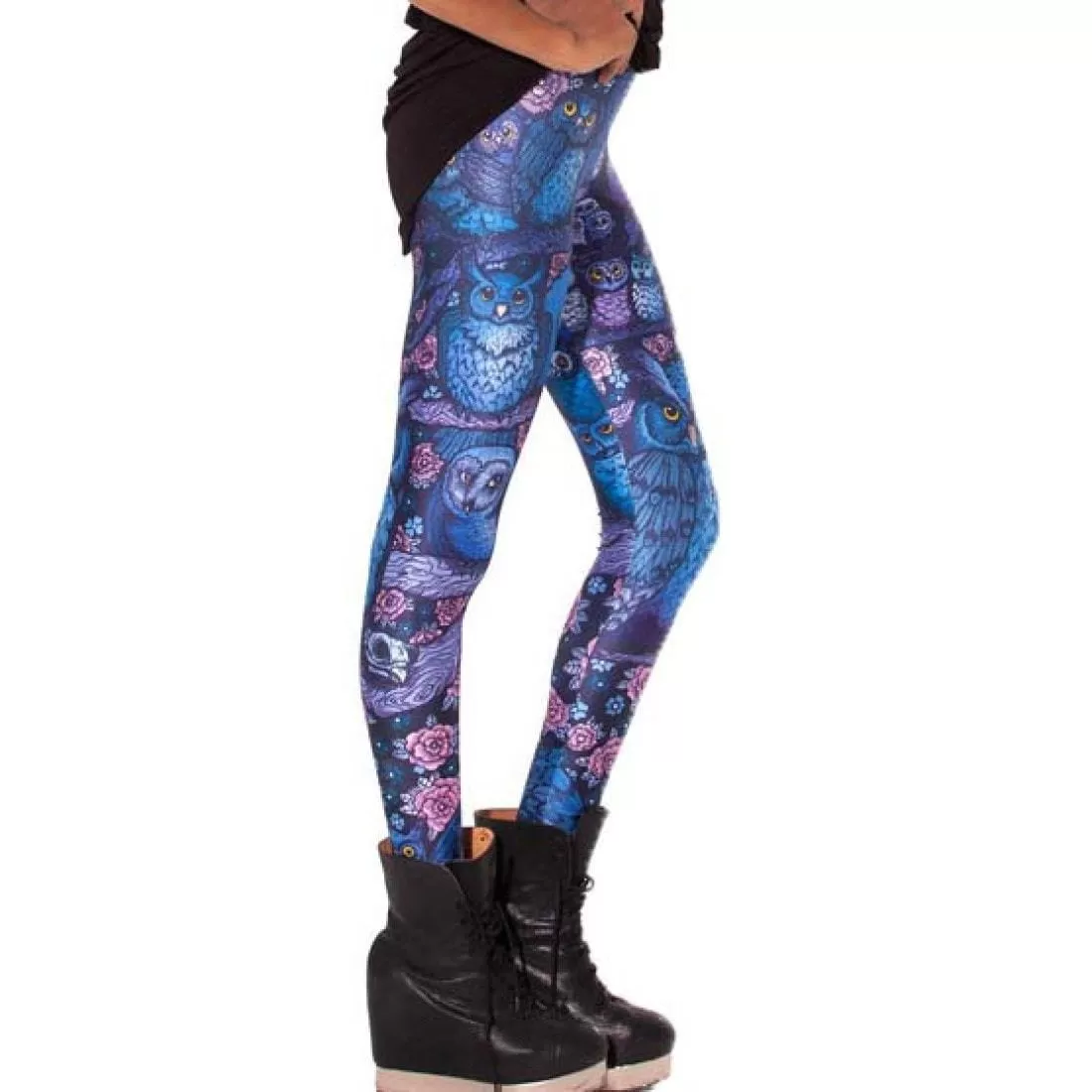 Owl Birds and Floral Animal Digital Print Comfy Stretch Leggings for Women in Blue