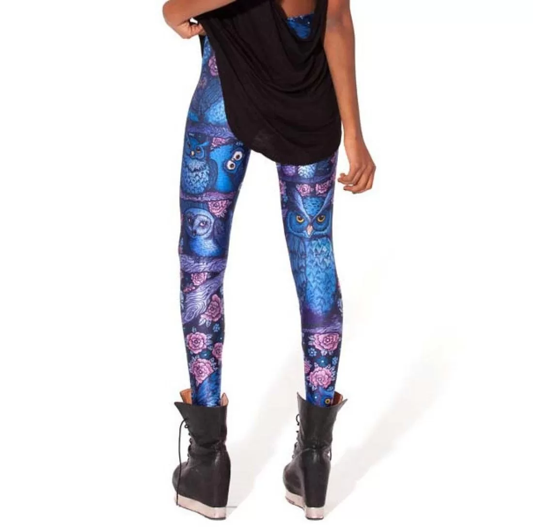 Owl Birds and Floral Animal Digital Print Comfy Stretch Leggings for Women in Blue