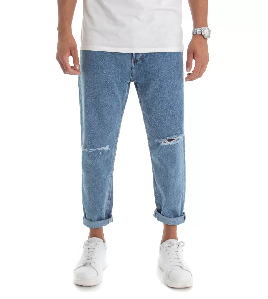 Pantaloni Jeans Uomo Loose Fit Denim Taglio Al Ginocchio Cinque Tasche Casual GIOSAL-P3018A