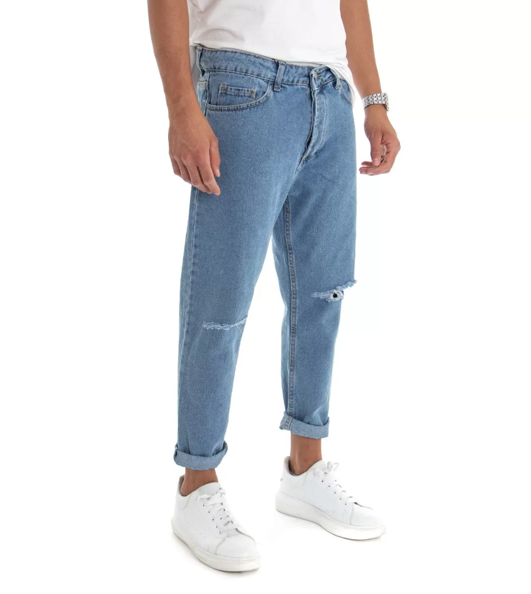 Pantaloni Jeans Uomo Loose Fit Denim Taglio Al Ginocchio Cinque Tasche Casual GIOSAL-P3018A