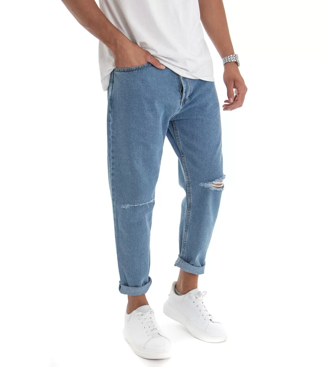 Pantaloni Jeans Uomo Loose Fit Denim Taglio Al Ginocchio Cinque Tasche Casual GIOSAL-P3018A