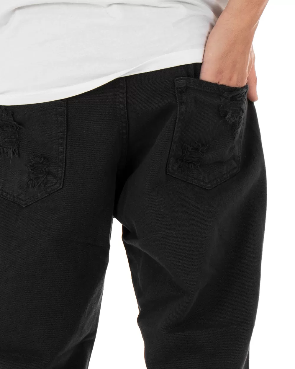 Pantaloni Jeans Uomo Loose Fit Nero Con Rotture Cinque Tasche Casual GIOSAL-P4085A