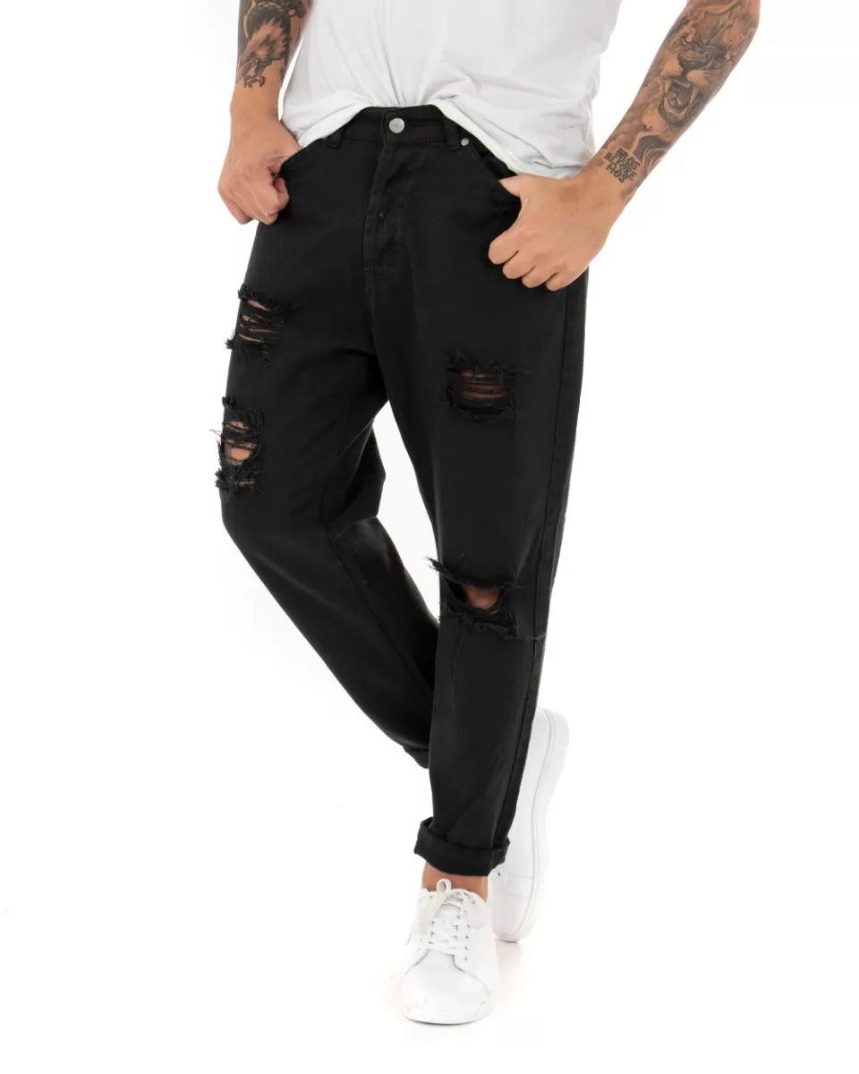 Pantaloni Jeans Uomo Loose Fit Nero Con Rotture Cinque Tasche Casual GIOSAL-P4085A