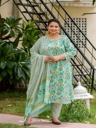 Plus Size Light Green Cotton Block Printed Readymade Salwar Suit