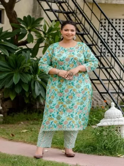 Plus Size Light Green Cotton Block Printed Readymade Salwar Suit