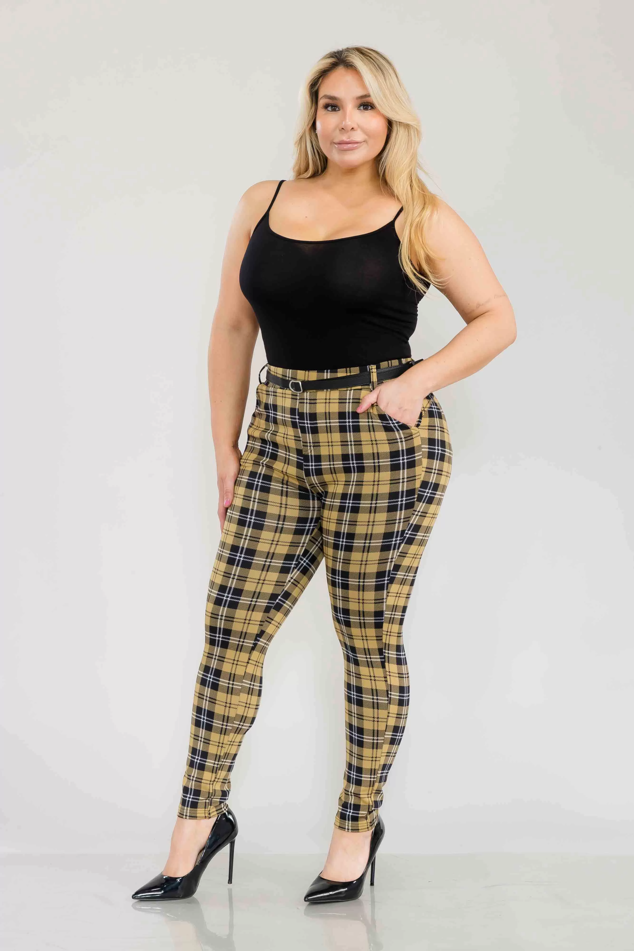 Plus Size Sculpting Treggings With Faux Leather Belt - Black, Yellow Plaid