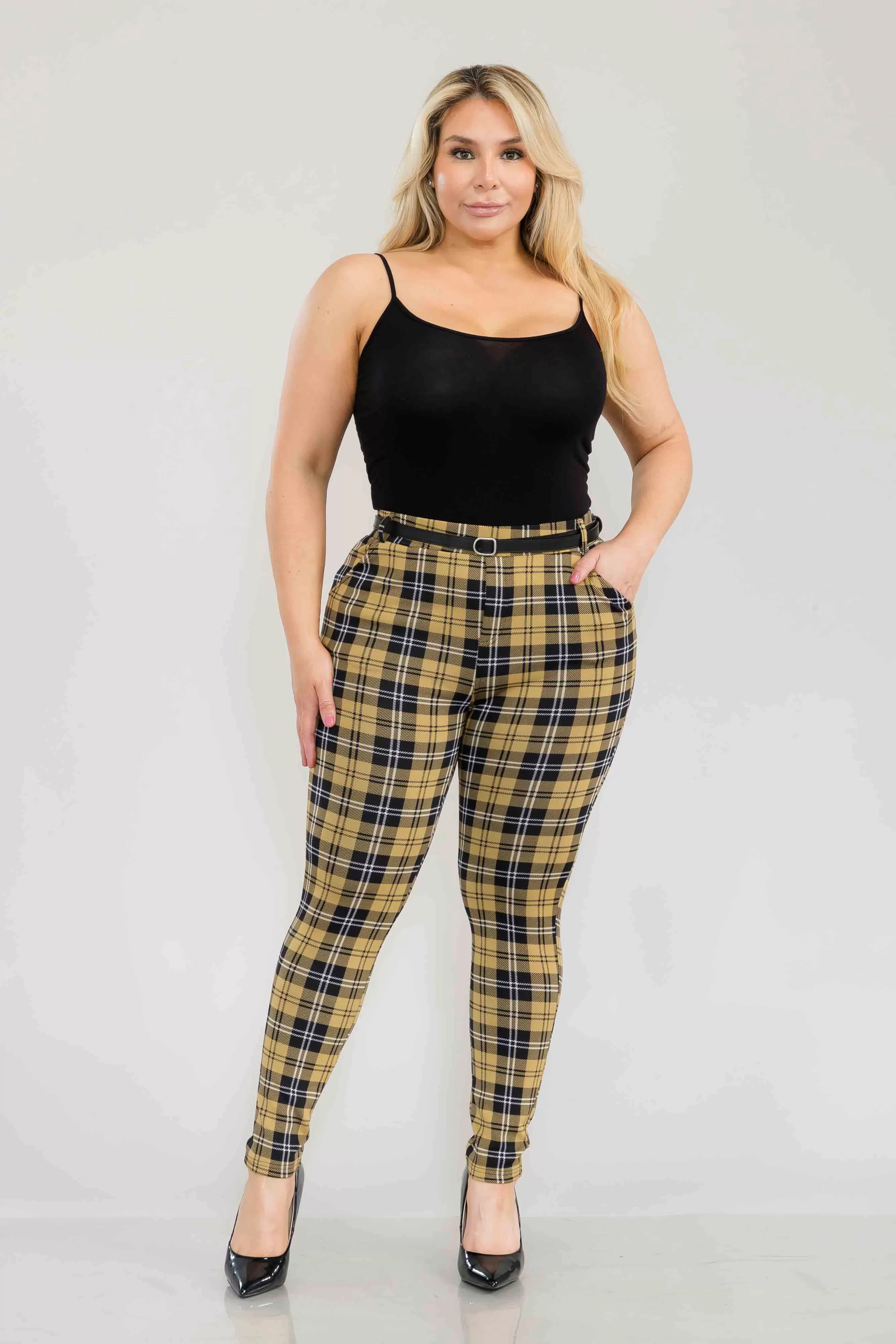 Plus Size Sculpting Treggings With Faux Leather Belt - Black, Yellow Plaid