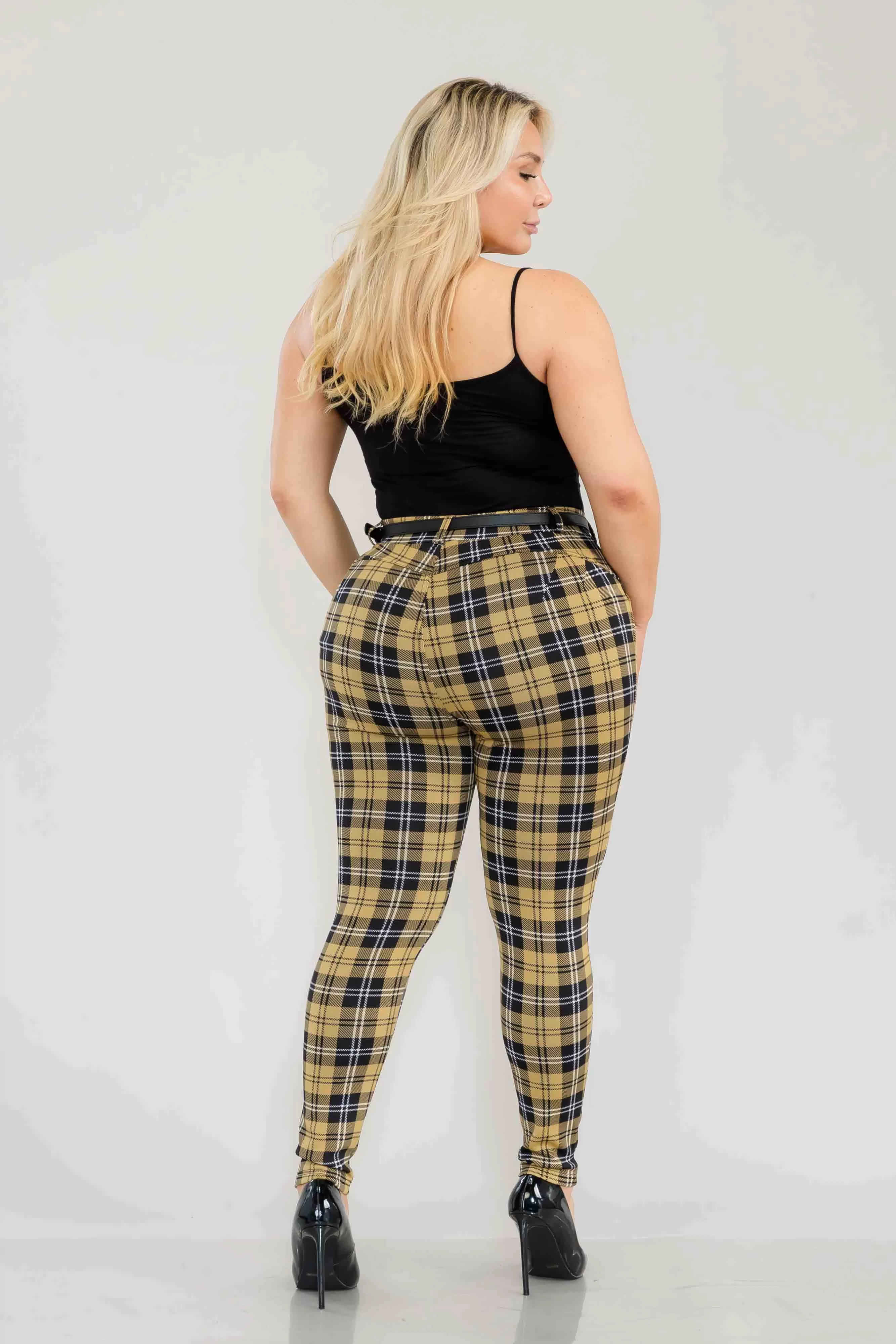 Plus Size Sculpting Treggings With Faux Leather Belt - Black, Yellow Plaid