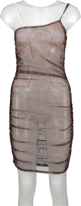 PrettyLittleThing Brown One Shoulder Mesh Leopard Print Dress UK 8