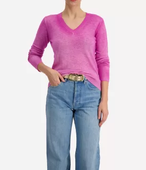 V Neck Distressed Pullover in Peonia