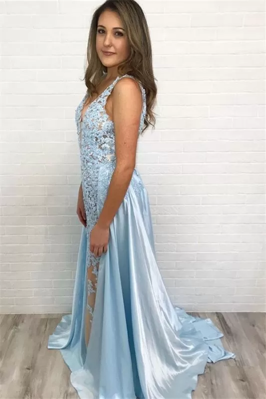 V Neck Lace Glamorous Blue Sleeveless Sexy Mermaid Evening Dresses Prom Dresses