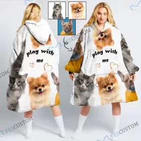 Wearable Blanket Custom Pet Faces Play With Me Blanket Hoodie for Women Personalized Oversized Hoodie Fleece Blanket Photo Gifts