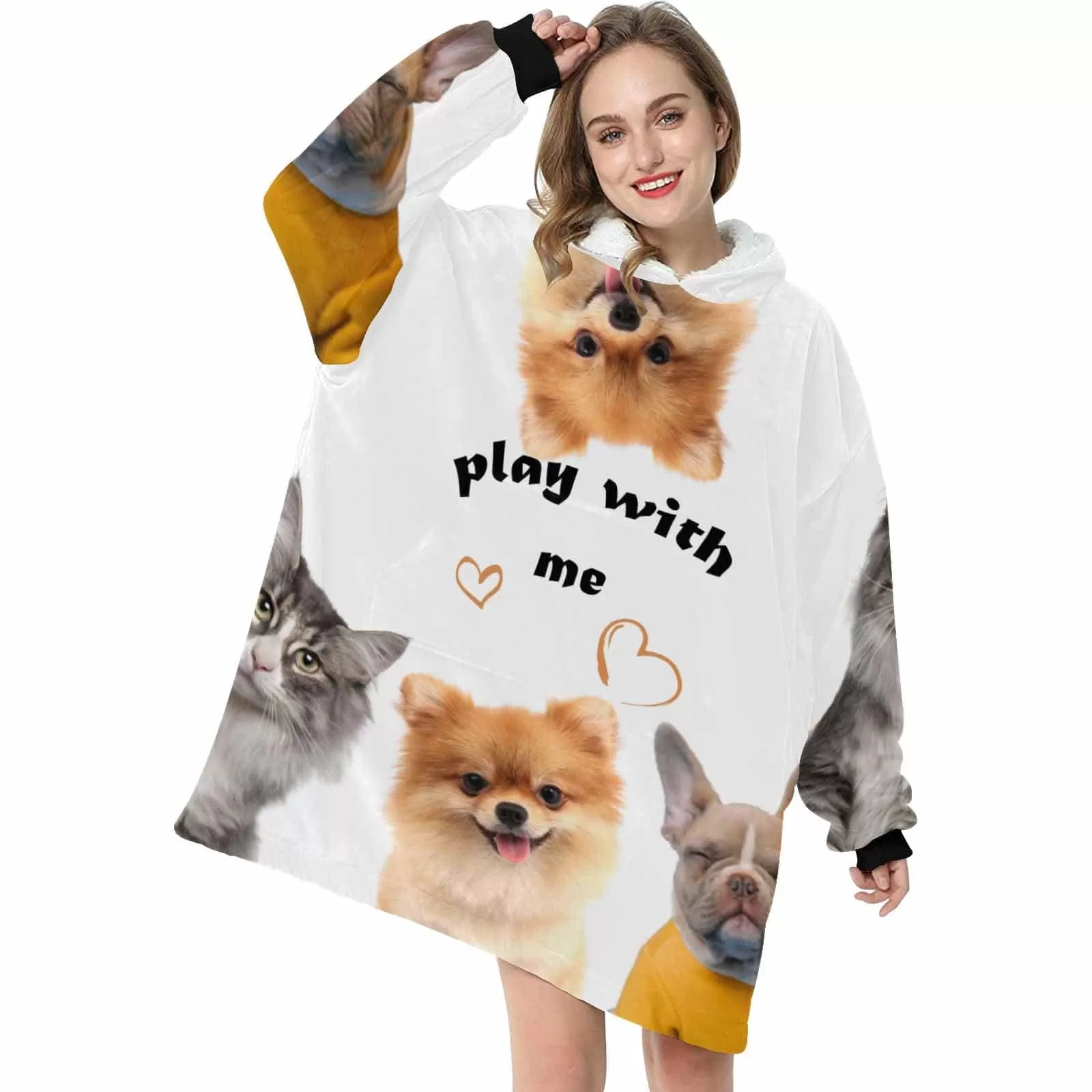 Wearable Blanket Custom Pet Faces Play With Me Blanket Hoodie for Women Personalized Oversized Hoodie Fleece Blanket Photo Gifts