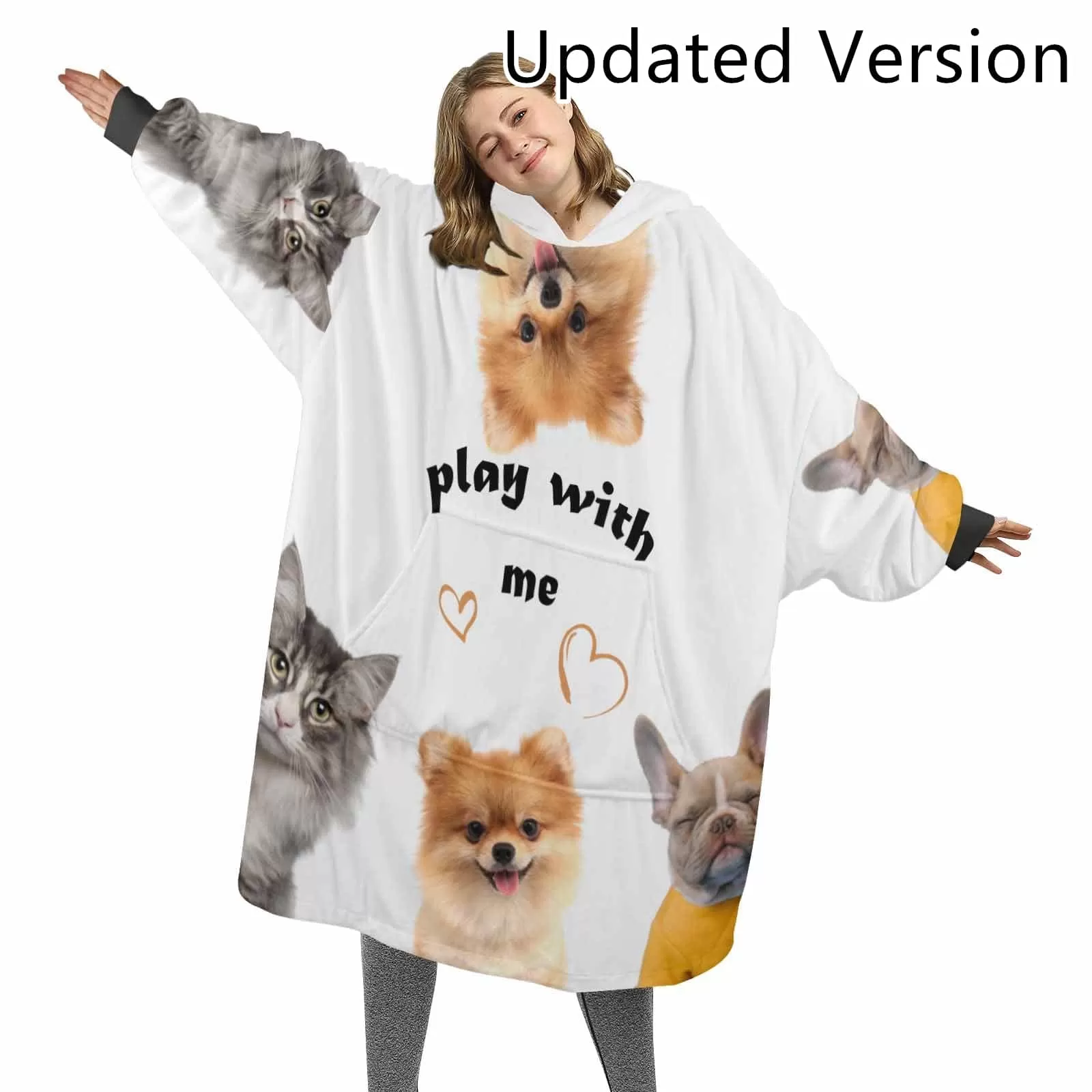 Wearable Blanket Custom Pet Faces Play With Me Blanket Hoodie for Women Personalized Oversized Hoodie Fleece Blanket Photo Gifts