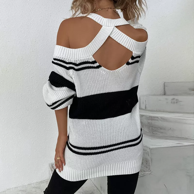 Women Sweaters Kniting Round Collar Pullover Bicolor Off Shoulder Strip